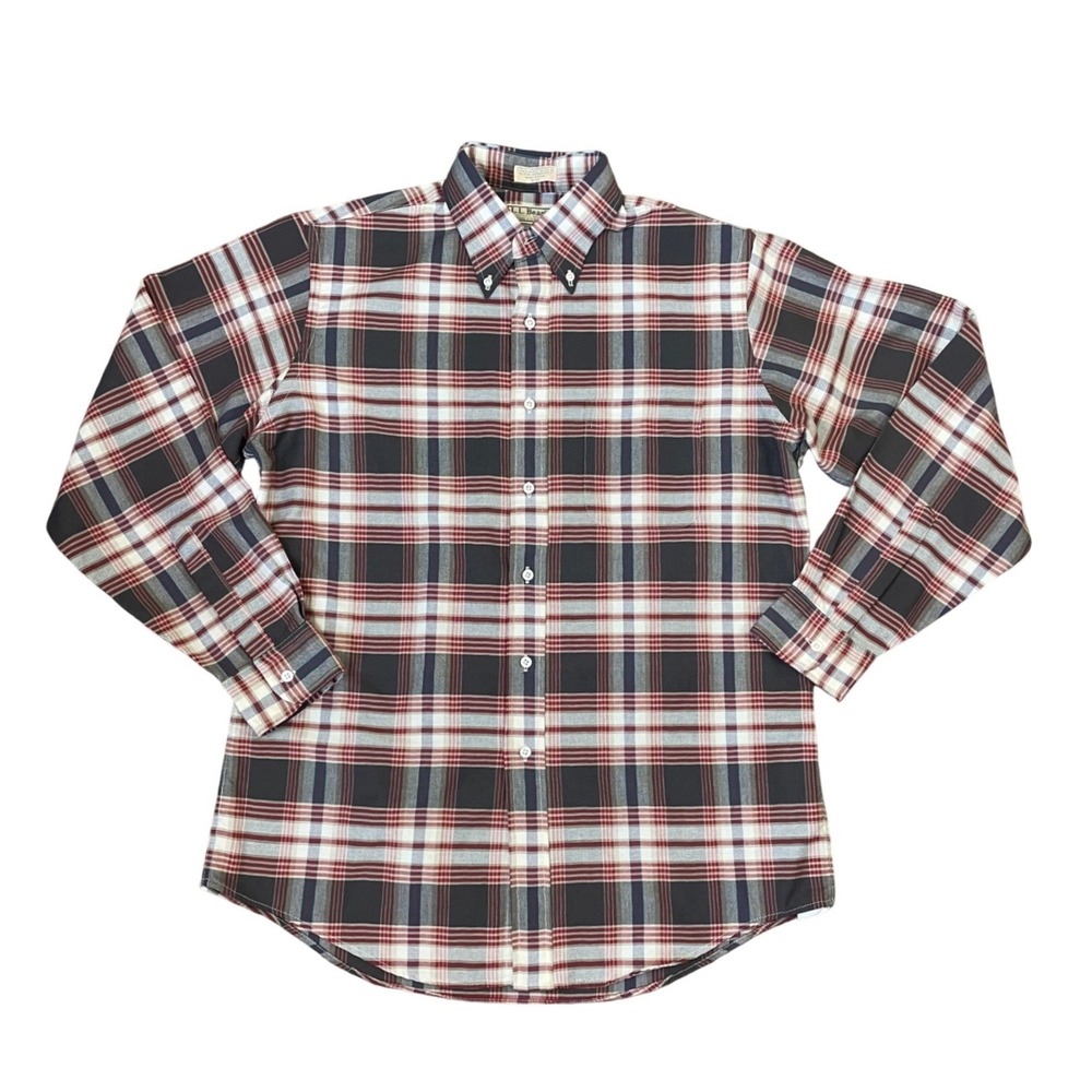 Vintage LL‎ Bean Mens Plaid Button Down Shirt Red Navy Blue Made in USA 16-35 L